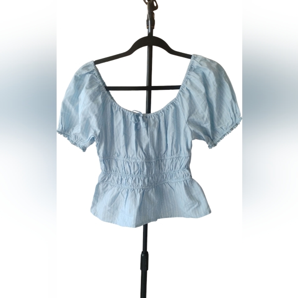 Celebrity Pink Women's Blue Striped Puff Sleeve Boho Top SZ S